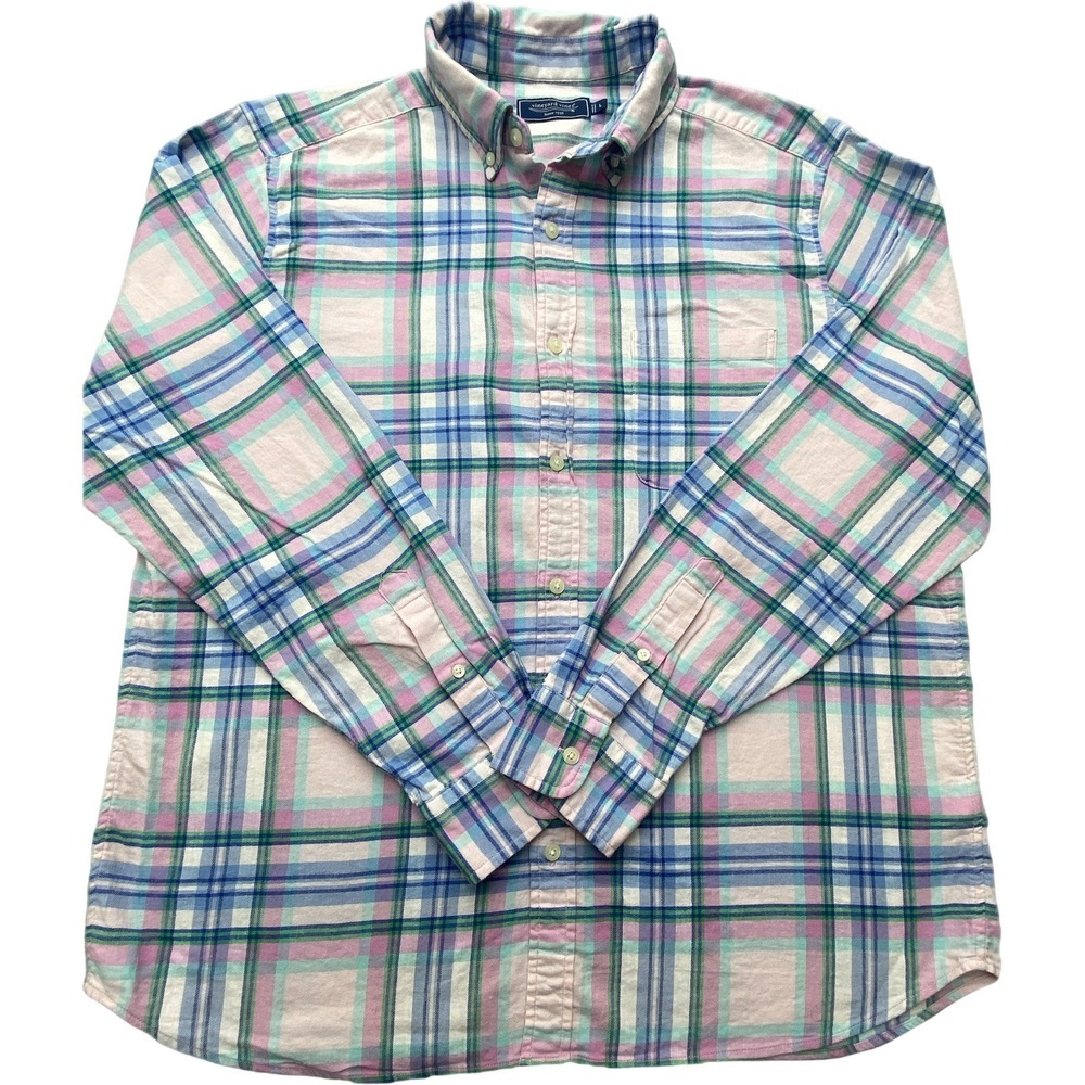 Vineyard Vines Shirt Mens M Pink Blue Green Plaid Linen Button Down Long Sleeve